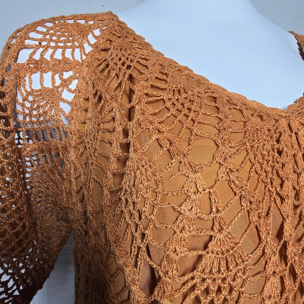 Handmade Deep Orange Crochet Knit Fairycore Top and Skirt Set Boho V Neck - Picture 2 of 11